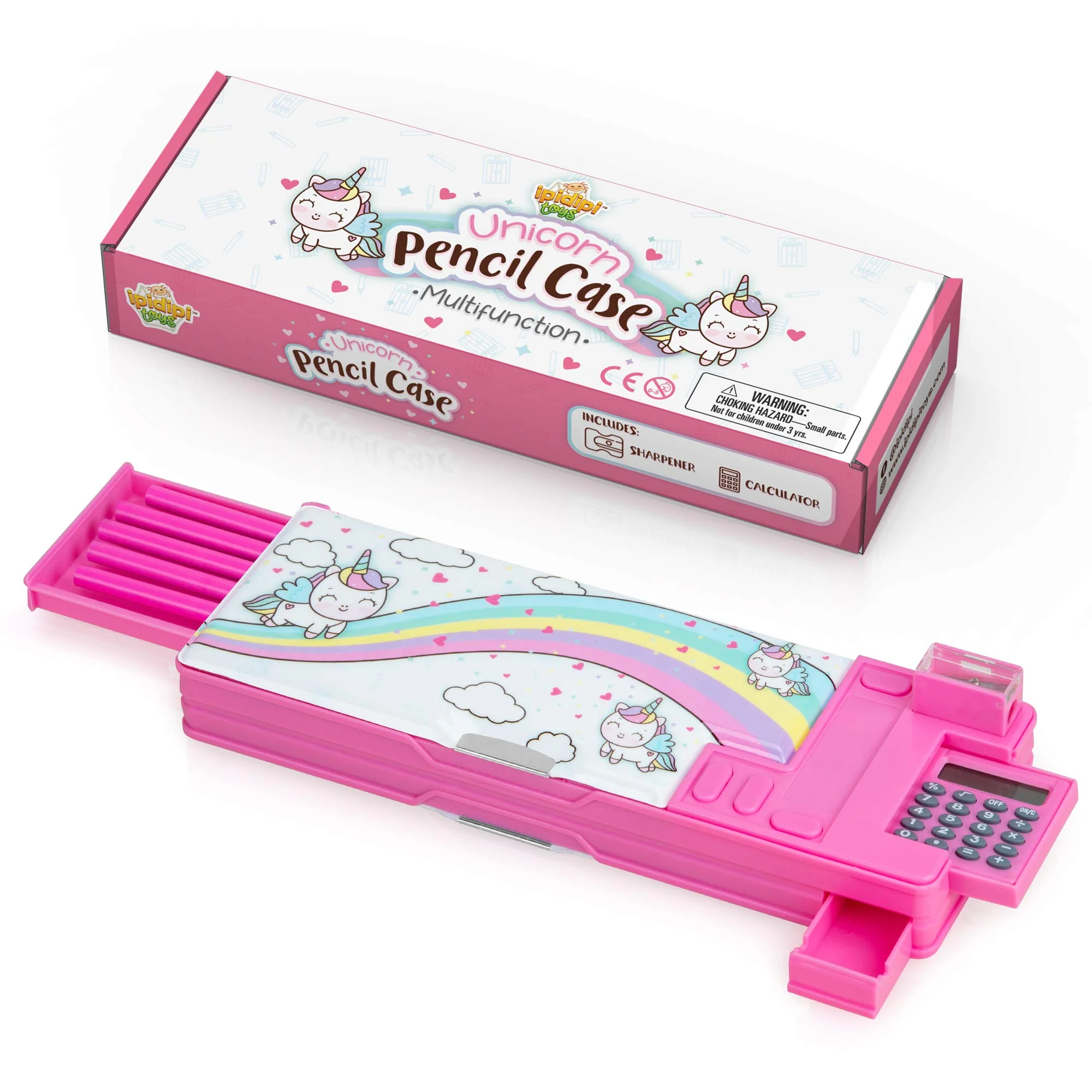 Estuche de lápices desplegable de unicornio para niños, organizador multifunción con calculadora, sacapuntas y lápices, bonitos útiles escolares, el mejor regalo de cumpleaños para niñas y adolescentes en caja de regalo.