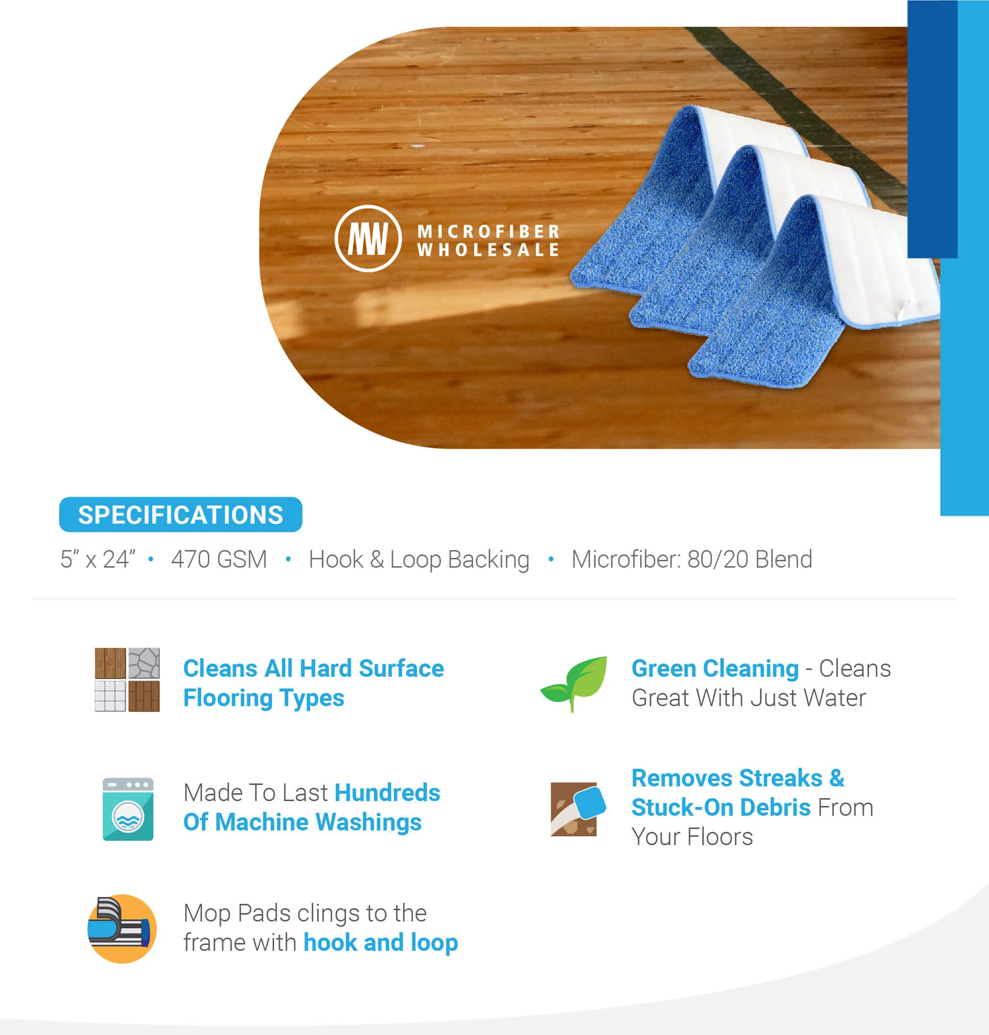 24" Microfiber Wet Mop Pad - Pack of 3 - Imagen 3