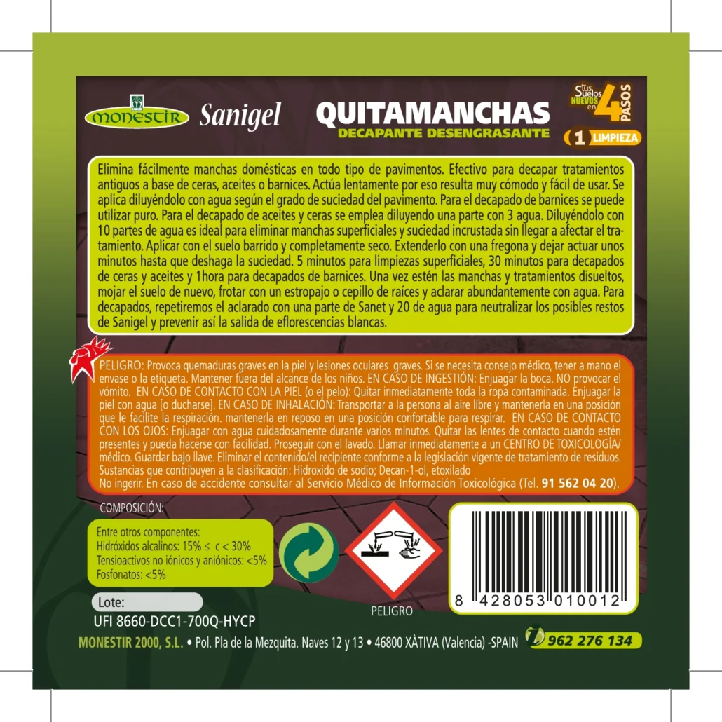 Sanigel Monestir 2 Ltrs – Decapante Alcalino y Quitamanchas Profesional para Suelos | Elimina Ceras, Barnices, Grasas y Manchas Difíciles - Imagen 2